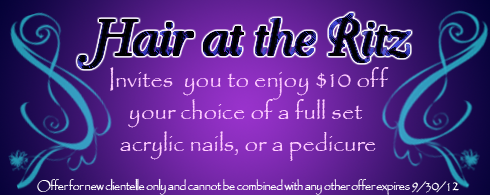 Get $10 off a new set of nails, or a pedicure at Hair at the Ritz!
