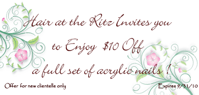 $10 Off full nail set at Hair at the Ritz